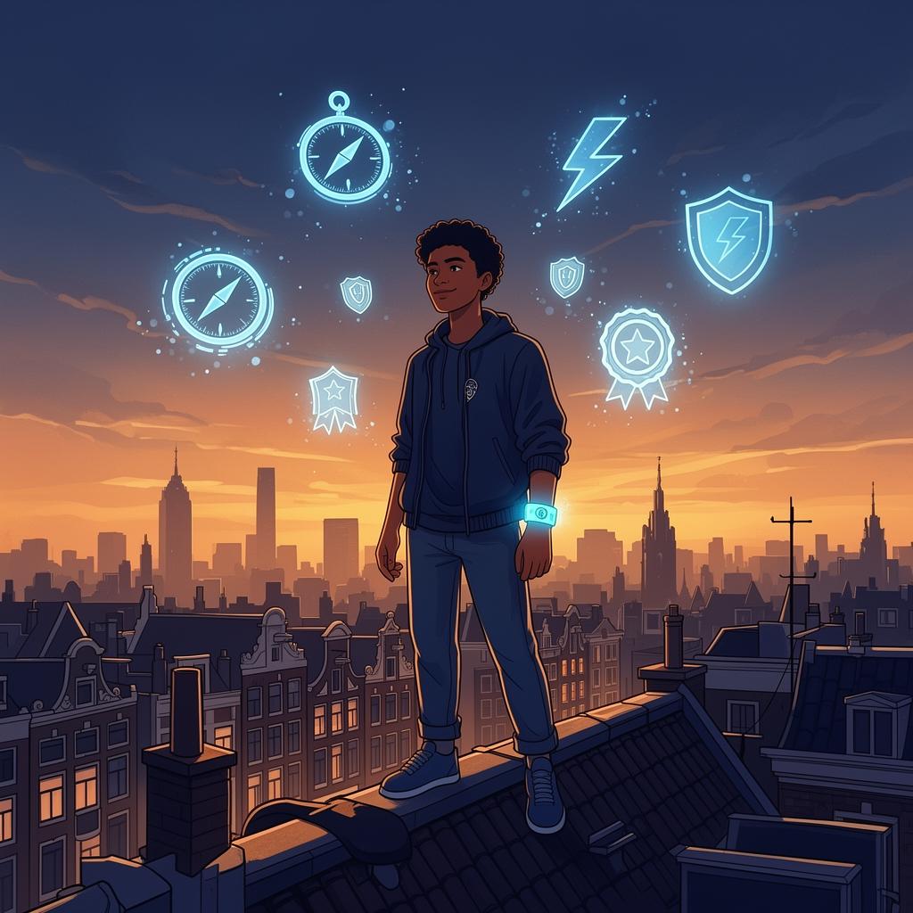 Een Pilot op een Amsterdams dak met Quest-iconen om zich heen